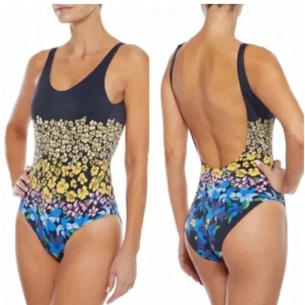 Onia Womens Rachel Classic High Leg Open Black One Piece Swimsuit Floral Sz S